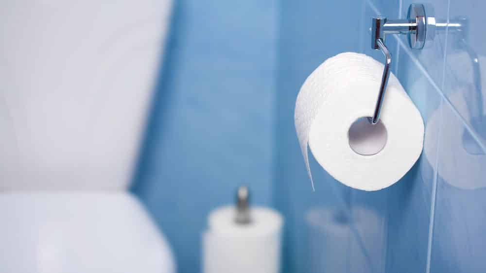 close de rolo de papel higiênico com vaso sanitário ao fundo