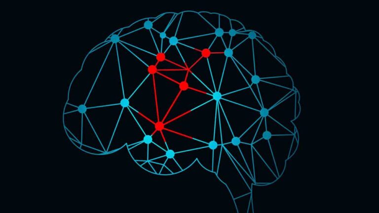 Ilustração de cérebro formado por pontos interligados e algumas conexões destacadas em vermelho.